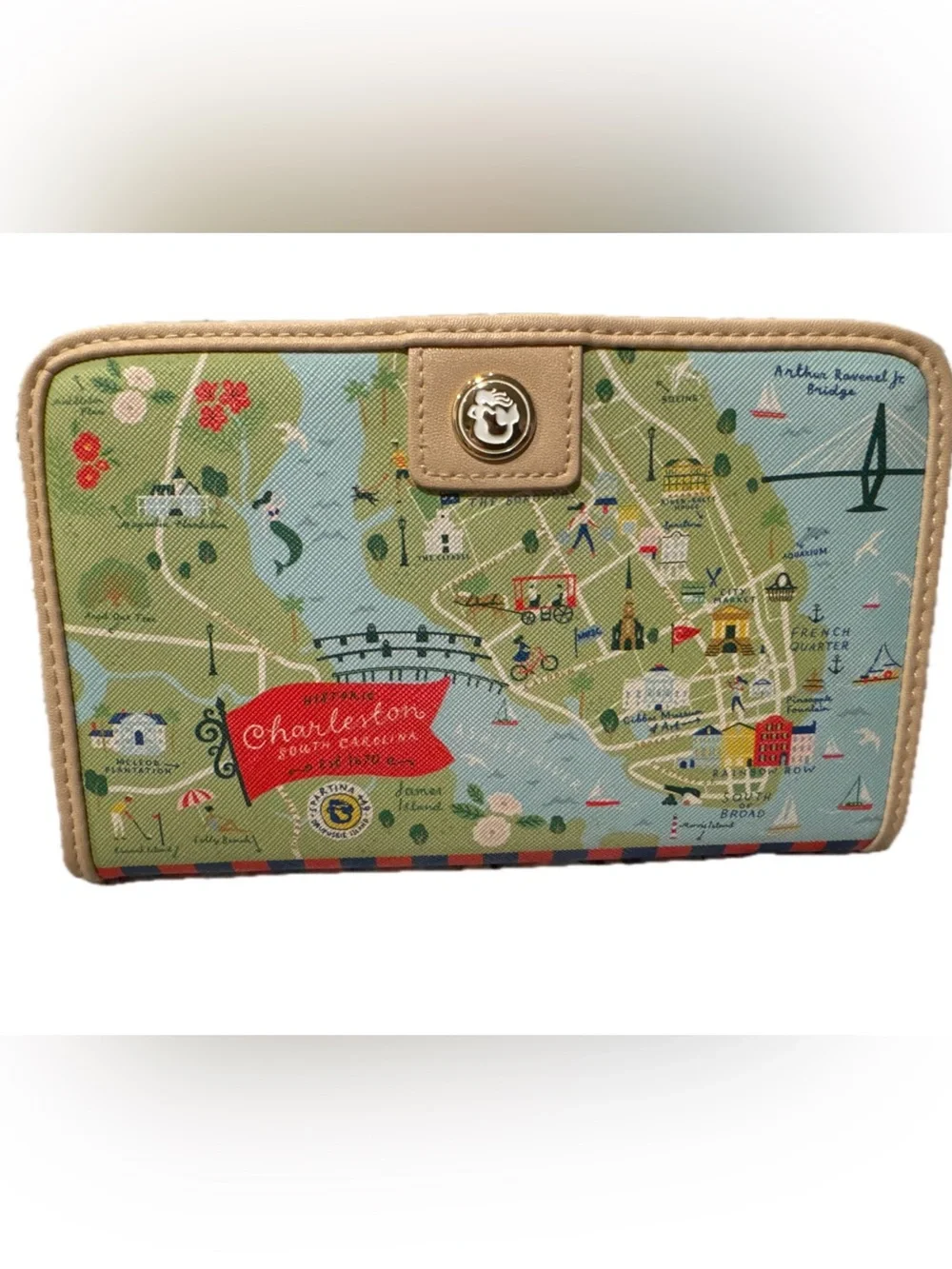 Spartina 449 Charleston Map Zip Pouch in Light Blue, Green & Tan